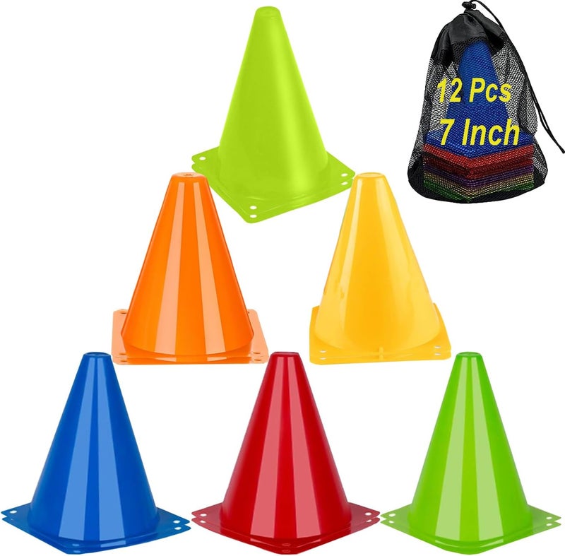 Aphrolin Soccer Cones Sports Training Agility Field Marker Cone, 12 Pack 7 Inch Training Cones Set with Mesh Bag, Colorful Cones for Soccer, Skating, Basketball, Baseball Drills, Outdoor & Indoor Activity - Image 1